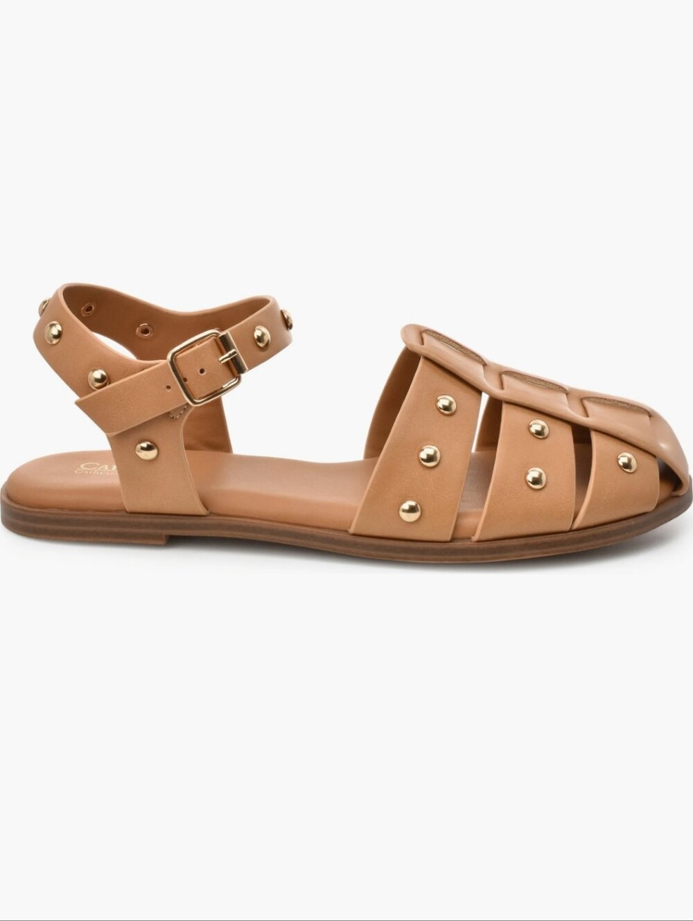 Catherine Malandrino Tan Gladiator Fisherman Strappy Sandals Gold Studded Sz 6